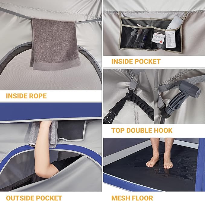 Bundle of KingCamp Oversize Coffee Camping Shower Tent and Blue Outdoor Shower Tents for Camping Changing Dressing Room Portable Toilet Tent, Easy Set Up, More Space Than Pop Up Privacy Tent