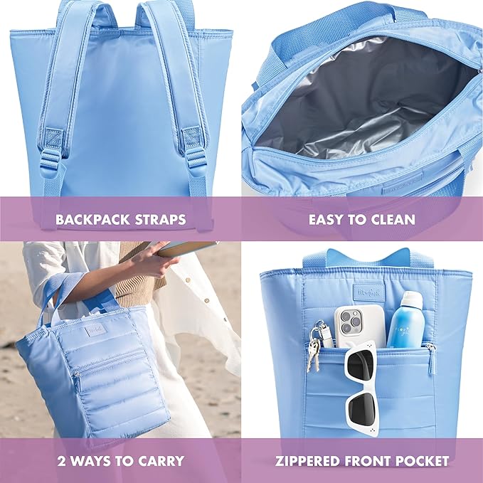 Fit & Fresh Insulated Cooler Bag, Leak Proof Waterproof Beach Cooler Backpack for Women, 18 Can Soft Insulated Tote for Travel & Lunch, Cornflower