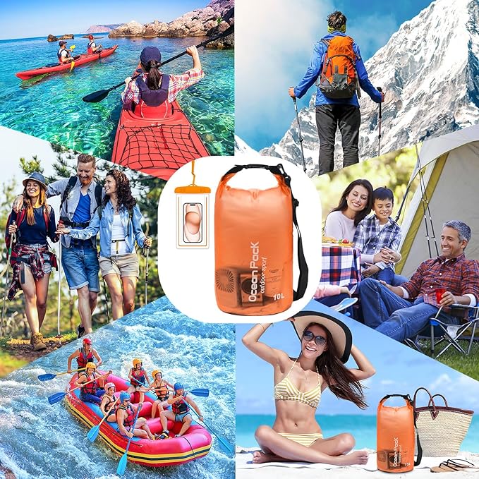 Waterproof Dry Bag for Women Men,10L/15L Roll Top Lightweight Dry Storage Bag Backpack,Floating Sack with Waterproof Phone Case, Kayaking,Swimming, Camping, Hiking, Beach (Orange, 10L)