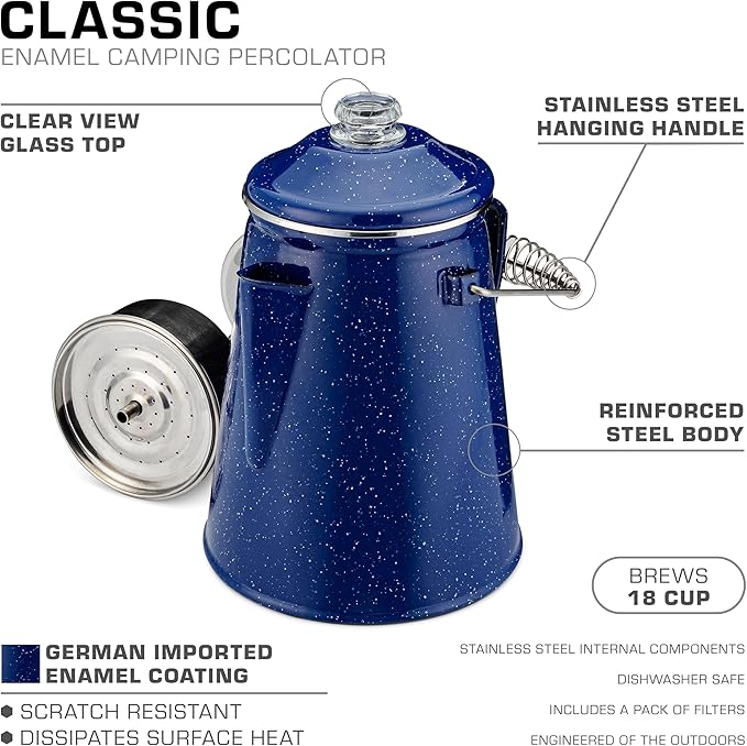 COLETTI Classic Percolator Coffee Pot — Camping Coffee Percolator, Campfire Coffee Pot – Camping Percolator for Groups — Brew for the Whole Campsite (Blue, 18 Cup)