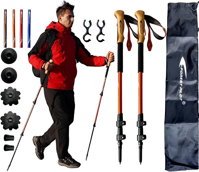 Trekking Poles - Lightweight 7075 Aluminum with Flip Lock & All Terrain Accessories - Pair of 2 Walking Sticks for Hiking with EVA or Beech Wood Grip