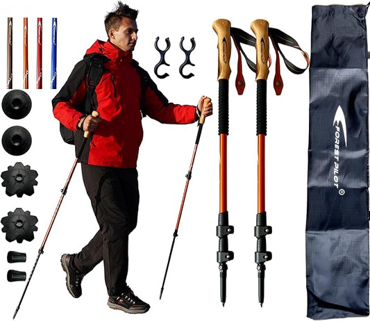 Trekking Poles - Lightweight 7075 Aluminum with Flip Lock & All Terrain Accessories - Pair of 2 Walking Sticks for Hiking with EVA or Beech Wood Grip