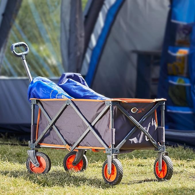 PORTAL Collapsible Folding Wagon, Push Pull Foldable Beach Wagon Cart with All-Terrain Wheels, Heavy Duty Utility Grocery Wagon for Outdoor Camping Garden Sport Shopping, Holds 225 lbs, Grey/Orange