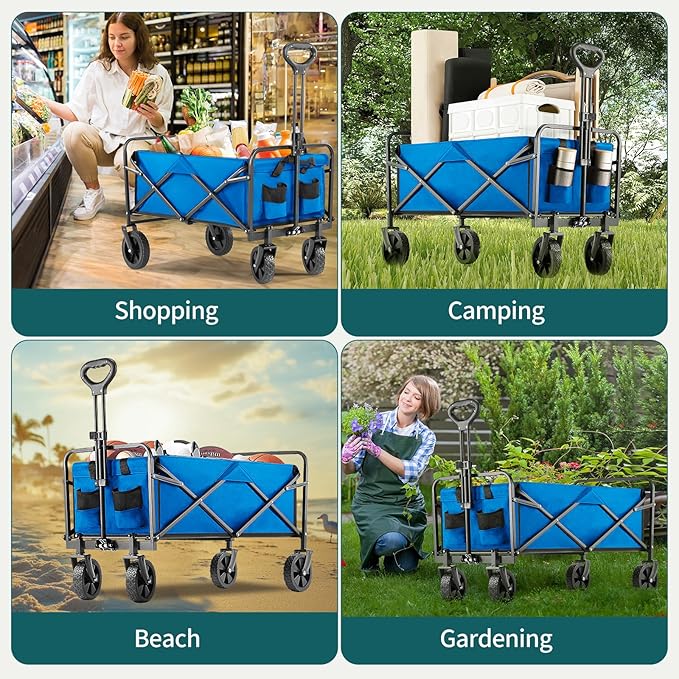 Collapsible Wagon Cart Foldable, 30" L Folding Beach Wagon with All-Terrain Wheels, Shopping Cart with 250lbs Capacity, Portable Camping Wagons Carts for Grocery Garden and Sports, Modern Blue