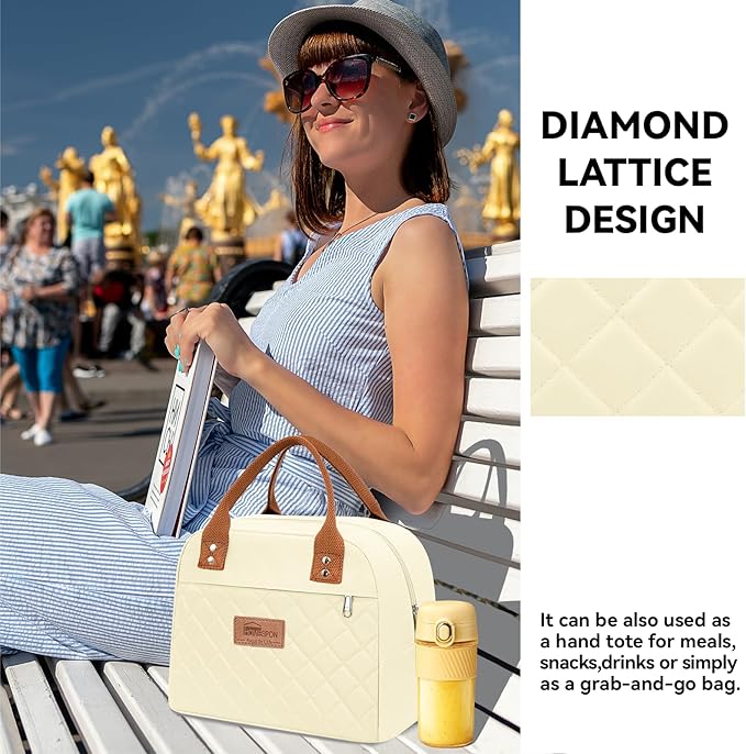 HOMESPON Insulated Lunch Bag for Women Men Adults Lunch Tote with Front Pocket Lunch Box Container Cooler Bag for Work Picnic (Beige)