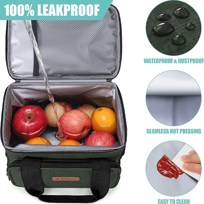 Tiblue Insulated Reusable Lunch Box for Office Work School Picnic Beach, Leakproof Freezable Cooler Bag with Adjustable Shoulder Strap (Medium, Dark green)