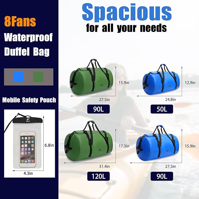 8 Fans Extra Large Waterproof Duffle Bag,Heavy Duty Travel Dry Bag with Durable Straps & Handles, Ideal for Kayaking,Paddleboarding,Boating,Rafting,and Fishing (Blue, 50L)