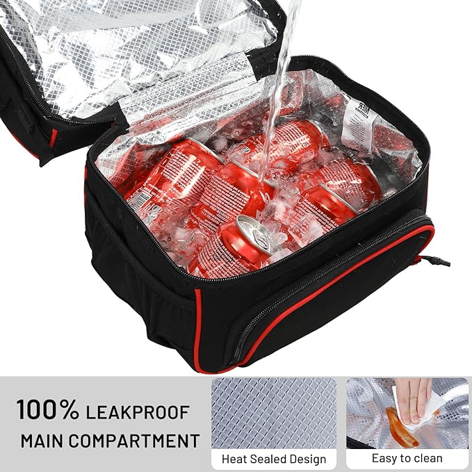 MIER Dual Compartment Lunch Bag Tote with Shoulder Strap for Men and Women Insulated Leakproof Cooler Bag, Black/Red