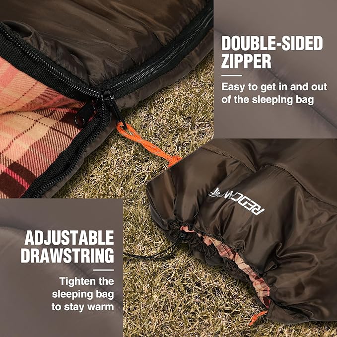 REDCAMP Cotton Flannel Sleeping Bag for Camping Backpacking, Adults Cold Weather Envelope Sleeping Bags with 2/3/4lbs Filling