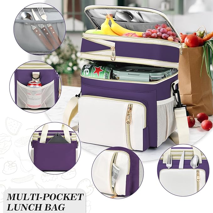 Lunch Box & Lunch Bag for Women, Large Insulated Adult Lunch Box Leakproof Lunchbox Cooler Bag for Work Picnic Beach,16L, Purple & White