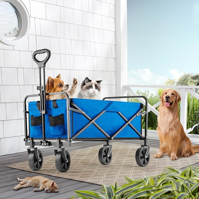 Collapsible Wagon Cart Foldable, 30" L Folding Beach Wagon with All-Terrain Wheels, Shopping Cart with 250lbs Capacity, Portable Camping Wagons Carts for Grocery Garden and Sports, Blue