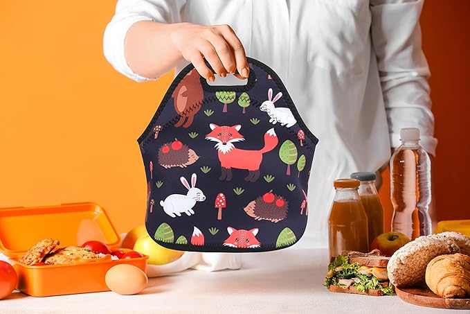 Violet Mist Neoprene Fox Lunch Bag Insulated Waterproof Lunch Bag Tote Cartoon Reusable Lunch Box Containers Food Carrying Lunch Handbag for men Women Work Thanksgiving Christmas Gifts