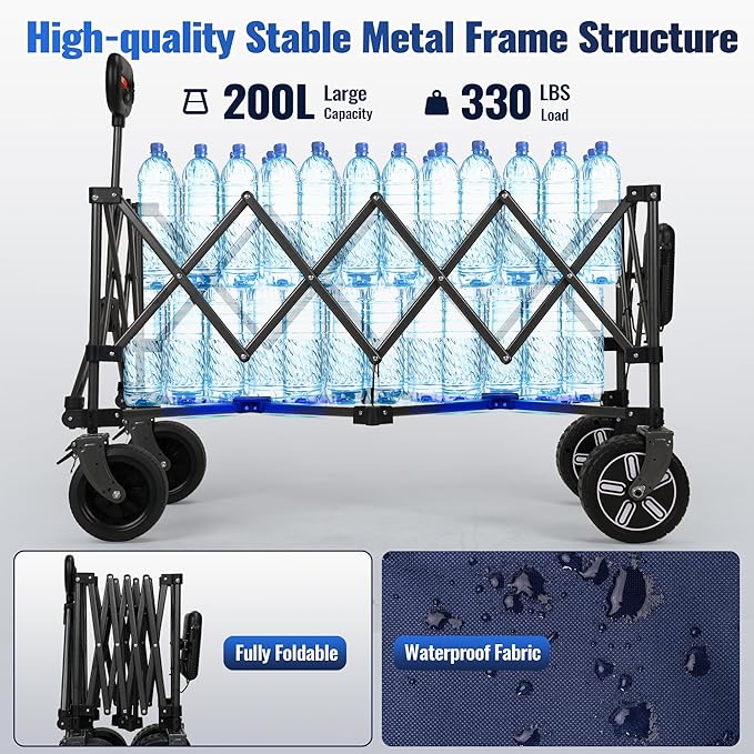Electric Collapsible Utility Wagons 330lbs Capacity, Carts Foldable with Wheels Brakes Portable for Beach Garden Outdoor Sports Lounge Heavy Duty Shopping Camping Picnic (Blue)
