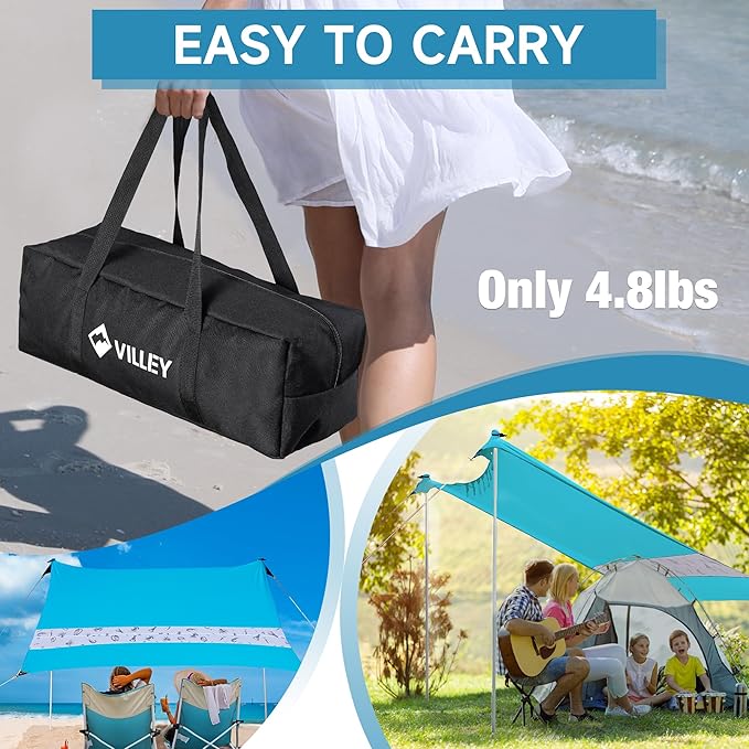 VILLEY Beach Tent Sun Shelter with UPF50+ Protection for 5 Person, 8x7FT Portable Sun Shade with 2 Stability Poles and 4 Sandbags, Outdoor Beach Canopy for Camping, Picnics, Fishing, Outdoors(Blue)