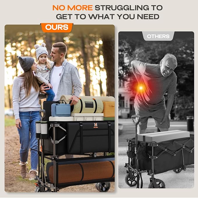 Navatiee 400L Double Decker Wagon Collapsible, 485LB Weight Capacity Heavy Duty Foldable Large Beach Wagon with Big All-Terrain Wheels, Folding Utility Cart for Sports, Camping, Outdoor, Black