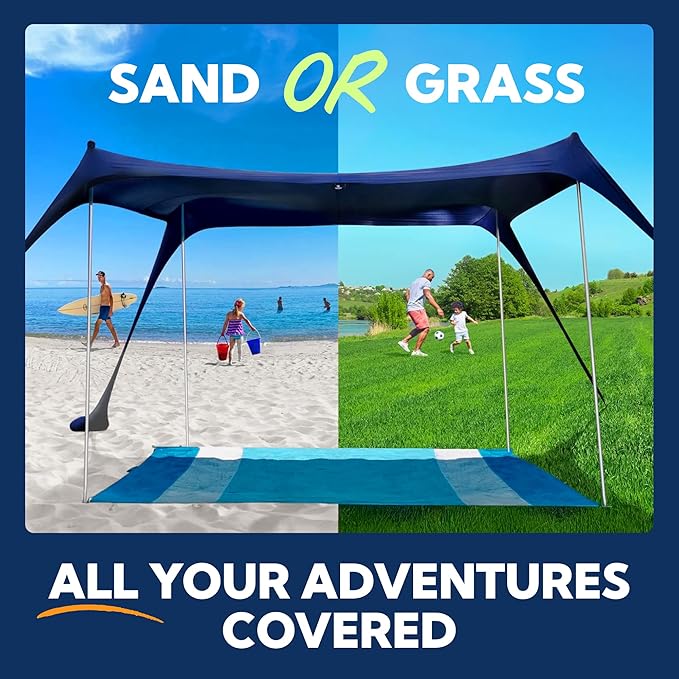 SUN NINJA Pop Up Beach Tent Sun Shelter UPF50+ with Sand Shovel, Ground Pegs and Stability Poles, Outdoor Shade for Camping Trips, Fishing, Backyard Fun or Picnics (7x7.5 FT 4 Pole, Royal Blue)