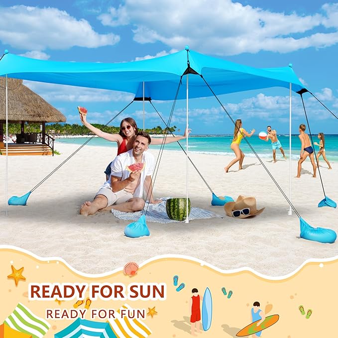 Beach Tent UPF50+ With 8 Sandbags, Camping Essentials for 6-12 Persons, Shade Canopy With Stability Poles and Big Ground Pegs, Pop Up Canopy for Picnics, 12X12FT Blue