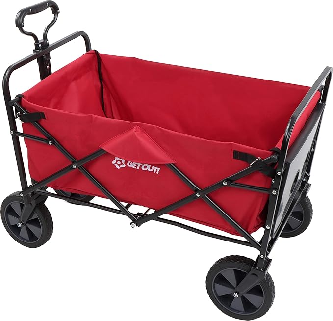 Get Out! Wagons Carts Foldable Red - 220 Pound Max Heavy Duty Collapsible Folding Wagon Cart with Wheels - Utility Cloth Beach Wagon with Side Table for Garden, Sports, Groceries, Fishing, and Camping
