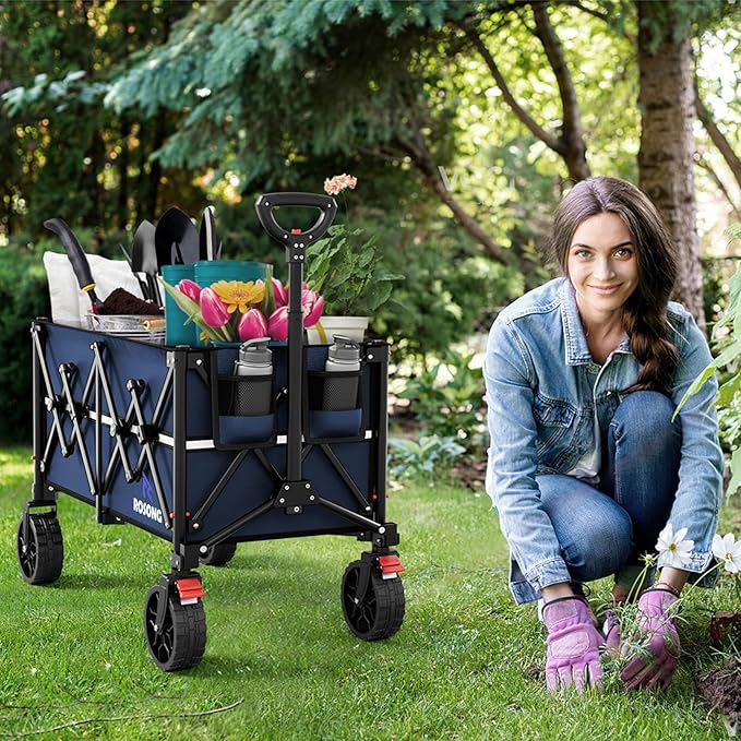 Navy Blue Folding Wagon Cart with Wheels Foldable - Collapsible Wagons Carts Heavy Duty, Fold Up Portable Utility Wagon for Grocery Beach Sports Fishing Camping Shopping
