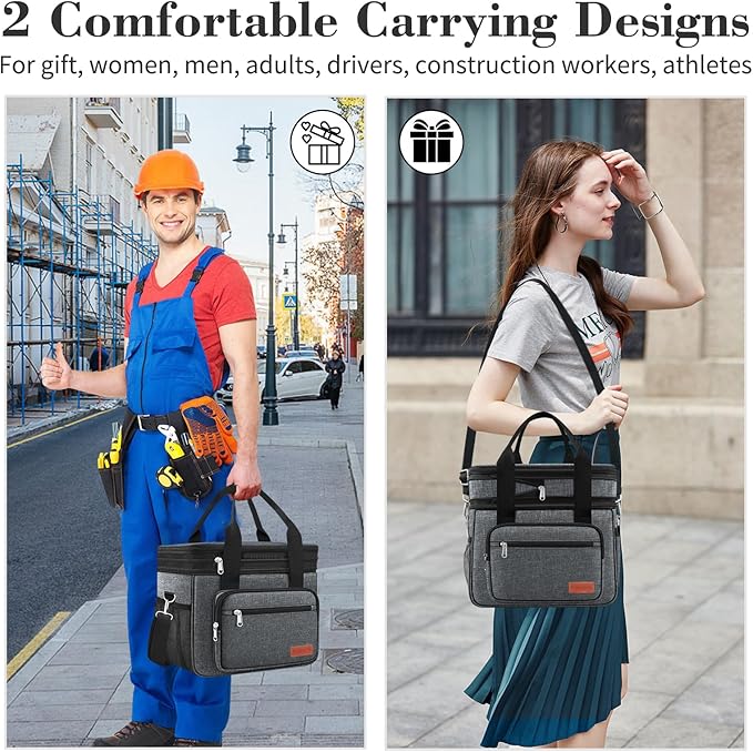 23L Extra Large Expandable Insulated Cooler Lunch Box for Men Double Deck Leakproof Heavy Duty Lunch Bag with 4 Ice Packs&2 Snack Bags for Adult/Construction/Women/Work/Picnic/Camping - Dark Gray