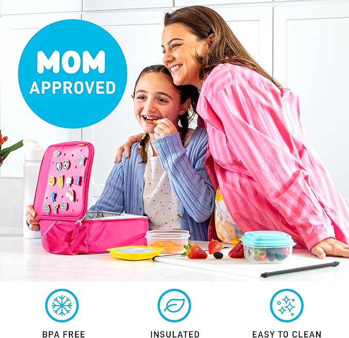 Fit & Fresh Charm Lunch Bag For Kids, Thermal Insulated Lunch Box For Kids Boys & Girls With Shoe Charm Slots For Personalization, School Lunch Box, Pink