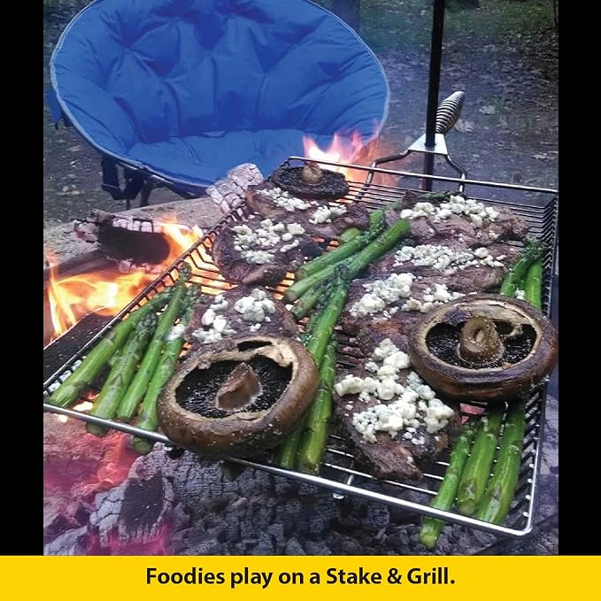 Stromberg Carlson Stake & Grill, Camping Grill, Open Fire Cooking Equipment, Fire Pit Accessories, Campfire Grill Grate, 15"x22" w/ 36" Long Stake
