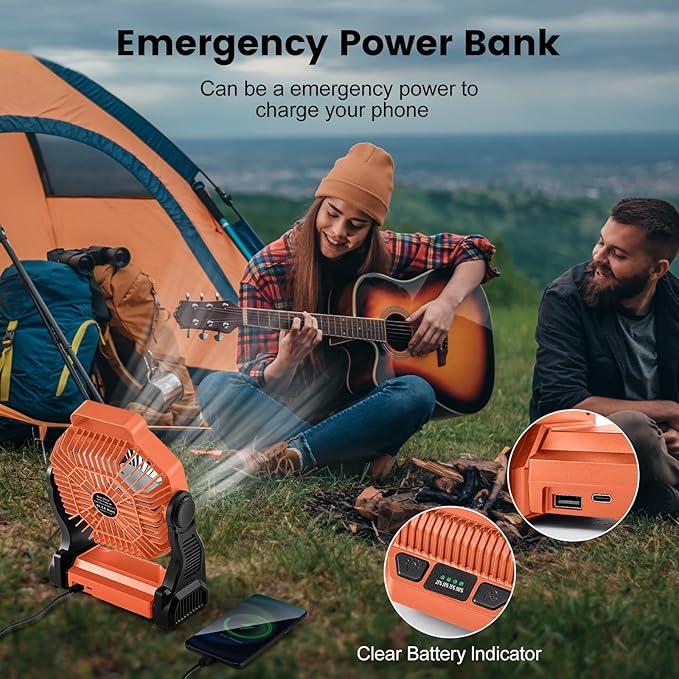 Odoland Camping Fan with LED Lantern, 20000mAh Rechargeable Battery Operated Fan, Portable Outdoor Light with Rotation Hook for Picnic Power Outage Hurricane Emergency Home Patio, Orange