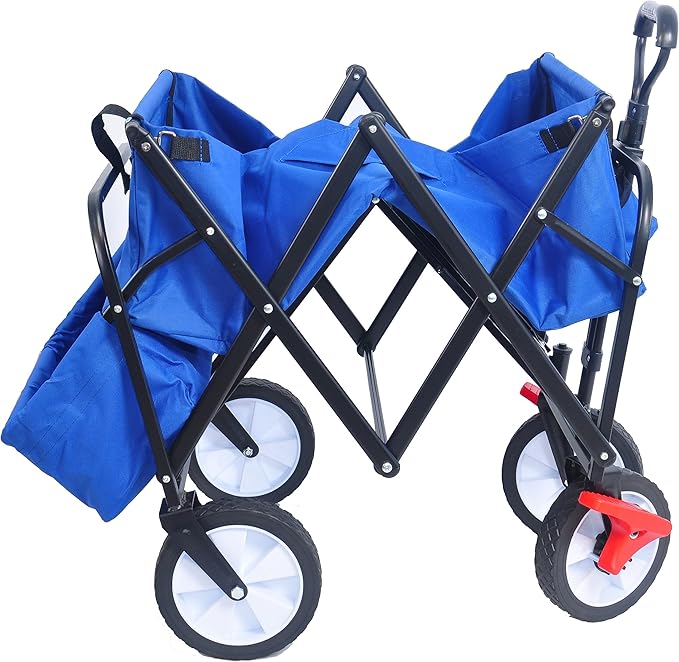 Collapsible Folding Wagon Garden Shopping Beach Cart,Portable Utility Buggy with Big Wheels,Adjustable Handle and Cup Holder,for Sand,Camping,Outdoor,53.50",Blue