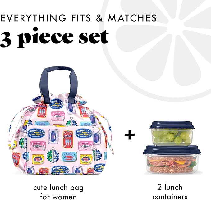 Fit & Fresh Lunch Bag For Women, Insulated Womens Lunch Bag For Work, Stain-Resistant Large Lunch Box For Women With Containers, Cinch Closure Cromwell Bag, Assorted Sardine Cans