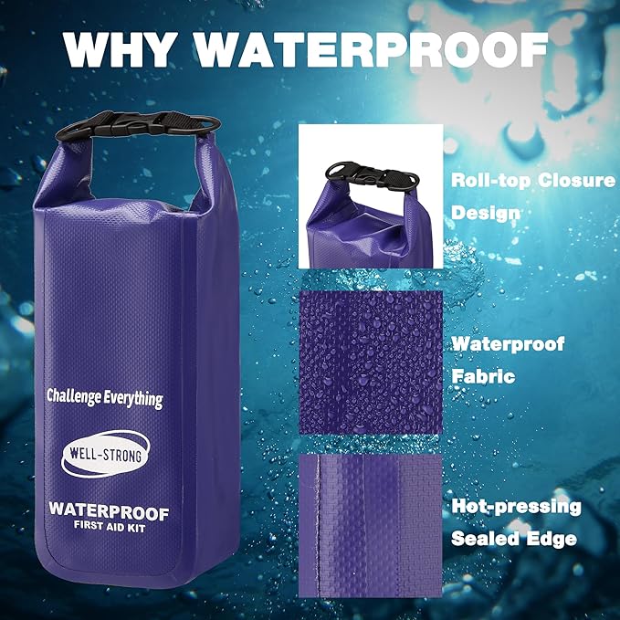 Waterproof First Aid Kit Roll Top Boat Emergency Kit with Waterproof Contents for Fishing Kayaking Boating Swimming Camping Rafting Beach Purple