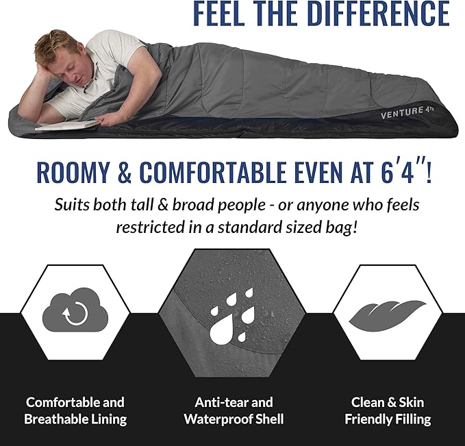 VENTURE 4TH Backpacking Sleeping Bag – XXL, Double and Single Sizes - Lightweight Warm & Cold Weather Sleeping Bags for Adults, Kids & Couples – Ideal for Hiking, Camping & Outdoor Adventures