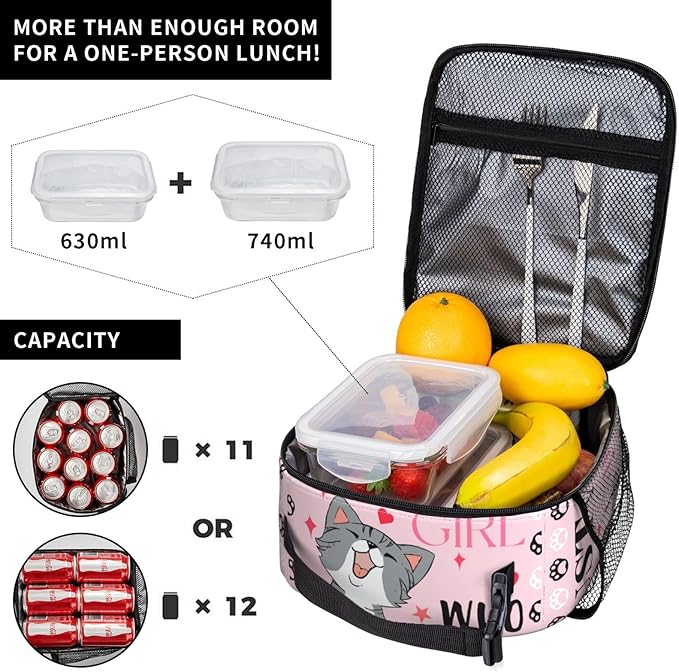 Cute Cat Pink Lunch Bag Large Capacity Heat Insulated Lunch Box, Just A Girl Who Loves Cats Leakproof Durable Portable Reusable Handbags Thermal Cooler Tote Bag for School