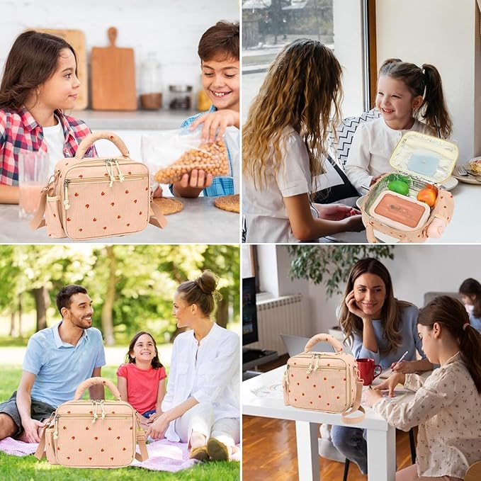 LOIDOU Lunch Box for Kids Girls Cute Corduroy Insulated Lunch Bag Thermal Meal Tote Reusable Lunch Pail Bags for School Travel ((Corduroy Strawberry Pink)