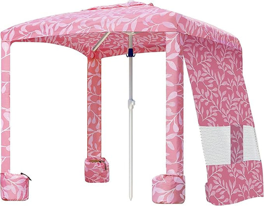 AMMSUN Beach Cabana, 6.2'×6.2' Beach Canopy, Easy Set up and Take Down, Cabana Tent with Sand Pockets, Instant Sun Shade with Side Wall, Pink Leaf