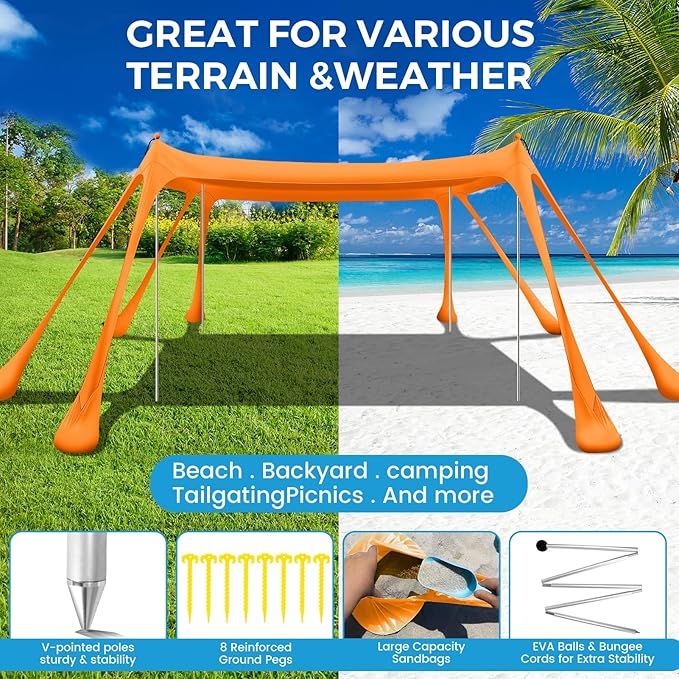 Large Beach Tent Canopy Pop Up Shade 10x10ft Sun Shelter Portable with UPF50+ UV Protection 8 Sandbags 4 Aluminum Poles 2 Sand Shovel Ground Pegs Carrying Bag for Outdoor Camping Fishing Yard Picnics