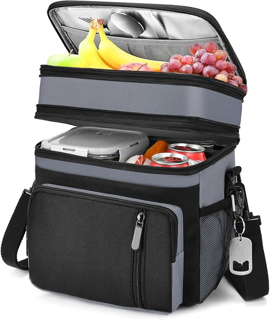 Lunch Box & Lunch Bag for Men Women, Large Insulated Adult Lunch Box, Leakproof Cooler Lunchbox with Bottle Opener for Work Picnic Beach, 16L, Gray