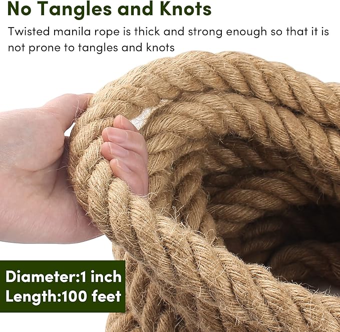 Manila Rope 1in x 100ft,Natural Hemp Rope,Large Thick Decorative Hemp Ropes Nautical Ropes,Twisted Manila Rrdening,Railings,Hammock Nautical