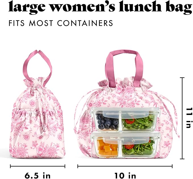 Fit & Fresh Lunch Bag For Women, Insulated Womens Lunch Bag For Work, Stain-Resistant Large Lunch Box For Women With Containers, Cinch Closure Cromwell Bag, Pink FloralToile