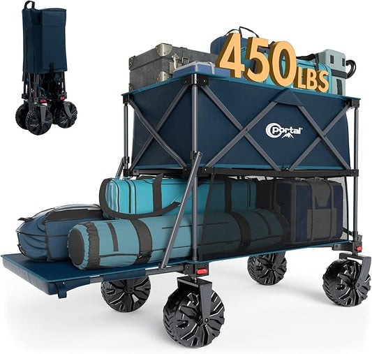 PORTAL Collapsible Double Decker Folding Wagon, Beach Cart with Tailgate, Big Wheels, 450LB Heavy Duty 14 FT Foldable Wagon for Camping, Sports, Garden, Shopping