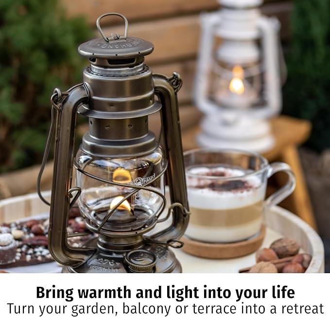 Outdoor Kerosene Fuel Lantern, German Made Weather Resistant Baby Special 276 Galvanized Hurricane Lamp for Camping or Patio, 10 Inches, Sparkling Iron Gray