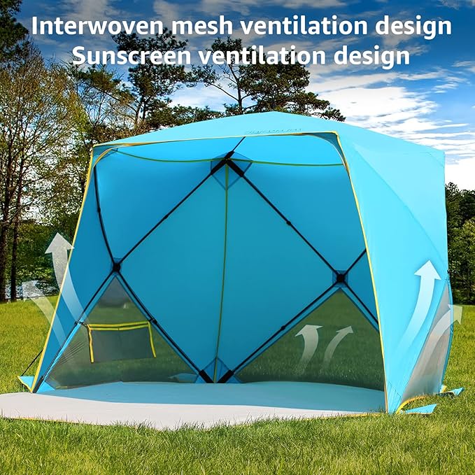 Pop Up Beach Tent, Portable Shade Sun Shelter UPF50+ UV Protection for 4 Person Extendable Floor for Fishing Hiking Camping, Waterproof Windproof(Blue)