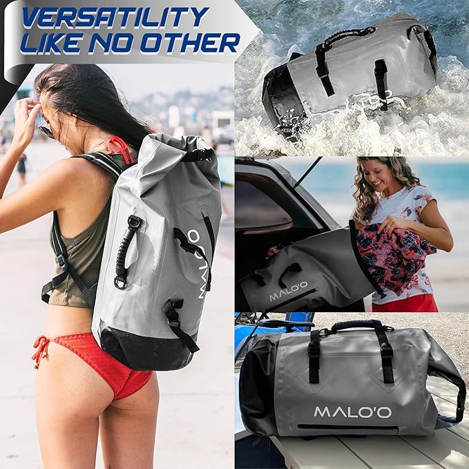 Malo'o 45L Waterproof Heavy Duty Backpack Dry Bags for Kayaking, Camping, Fishing, Hiking Daypack - Beach Accessories, Boat accessories, and Travel Gear - Fishing Rod Case Straps (Dark Blue)