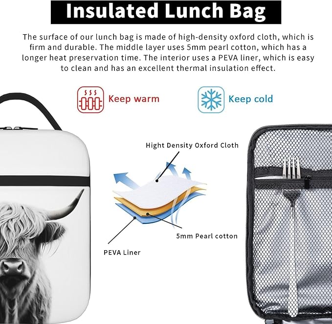 SARA NELL Cow Insulated Lunch Bag Portrait Of Highland Cow Lunch Cooler Box for Women Men Teens Kids, Reusable Lunch Tote Bag, Leakproof Thermal Lunch Bags for Work, Picnic, School or Travel