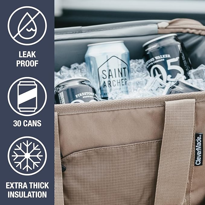CleverMade Collapsible Cooler Bag, 30 Can Beach & Travel Car Cooler, Folding Soft Cooler, Shoulder Strap, Bottle Opener, Great Car Coolers for Travel, Leak Proof Cooler Bag [Cool Gray/Cognac]