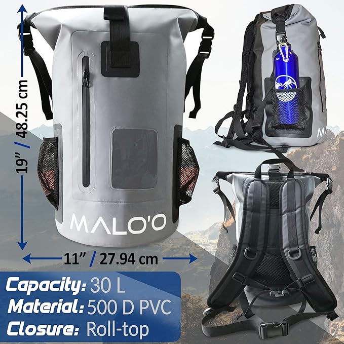 Malo'o 30L Waterproof Roll-Top Backpack - Ideal for Beach, Backpacking, Fishing, and Kayaking - Heavy-Duty Beach and Boat Accessory
