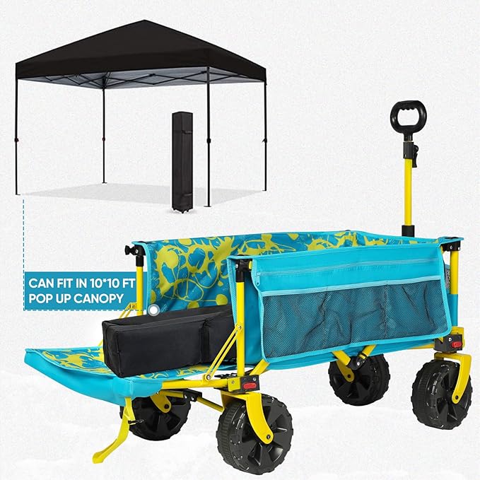 49 Inch Extra Long Beach Wagon with Big Wheels for Sand, Collapsible Utility Beach Cart Heavy Duty Folding Wagon,Ideal for Outdoor Sand Camping Garden Pet