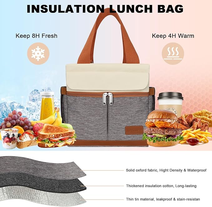 Joymee Lunch Box for Men Insulated Lunch Bag Women with Shoulder Strap Reusable Leakproof Large Spacious Lunch Cooler Tote for Women Adult with Bottle Holder and Side Pockets for Work - Brown