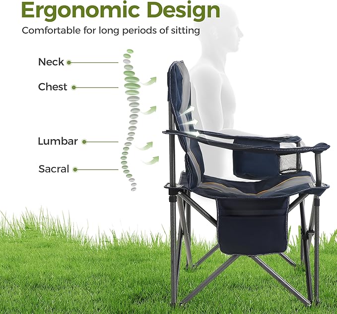 ALPHA CAMP Oversized Camping Folding Chair Heavy Duty with Cooler Bag Support 450 LBS Steel Frame Collapsible Padded Arm Quad Lumbar Back Chair Portable for Lawn Outdoor,Blue