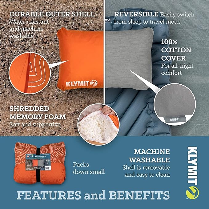 Klymit Drift Camping Pillow, Shredded Memory Foam Travel Pillow with Reversible Cover for Outdoor Use, Orange, Regular
