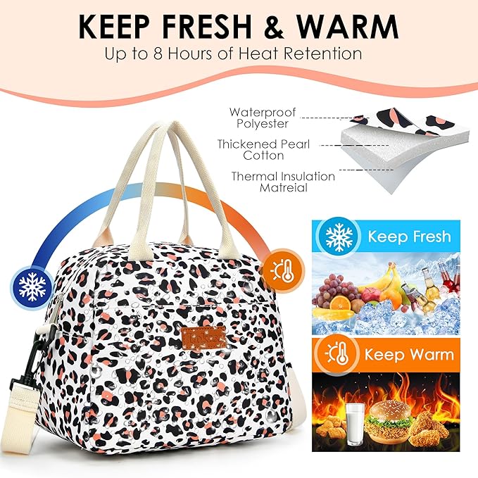 LOKASS Lunch Box for Women-Insulated Adults Lunch Bag with Removable Shoulder Strap&Front Pocket，Cute Lunch Tote for Work-Reusable Leopard Print Cooler Bag for Office Picnic Beach or Travel